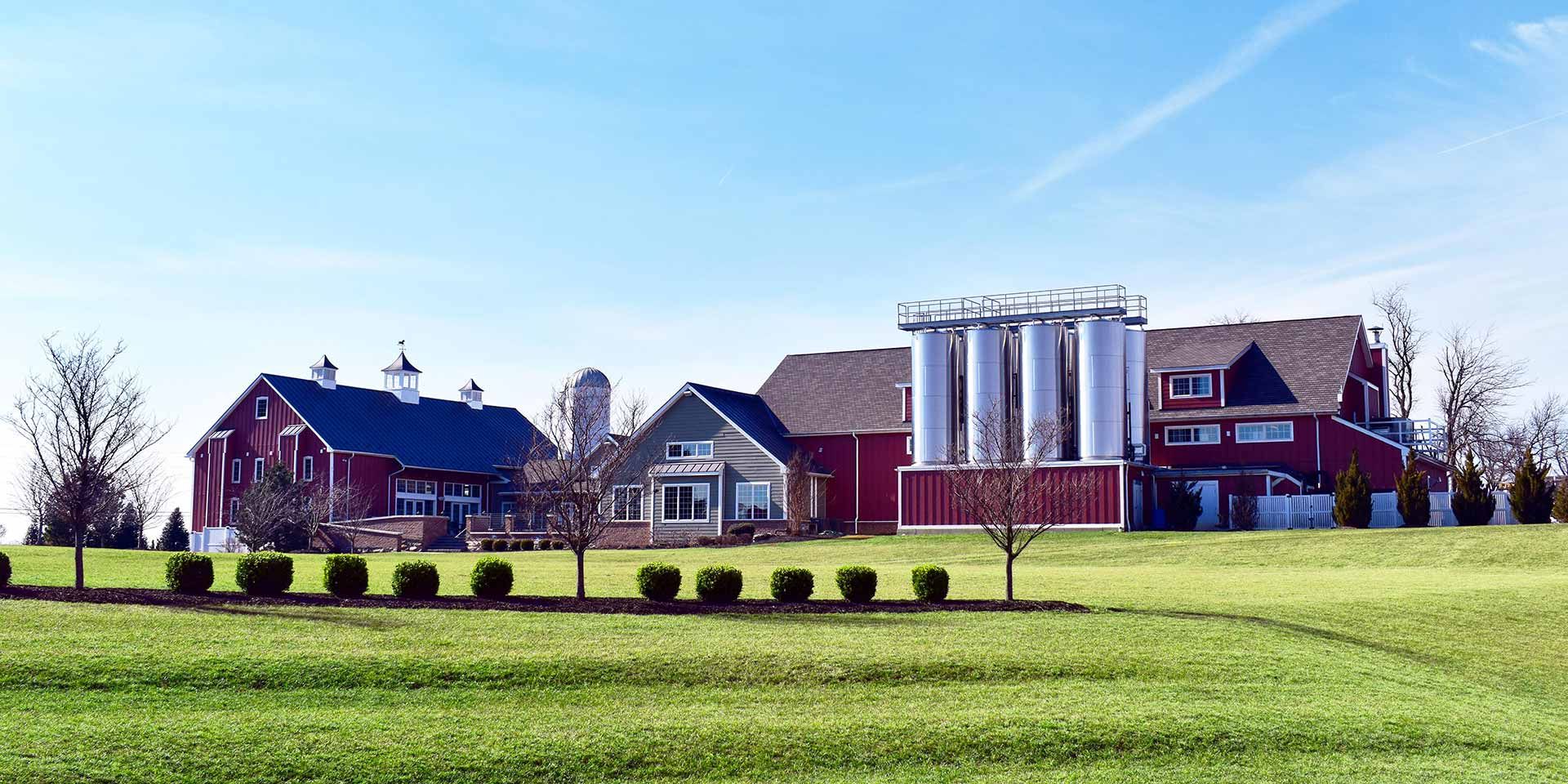 The barns, silo and brewing tanks of Wyndridge Farm across the lawn